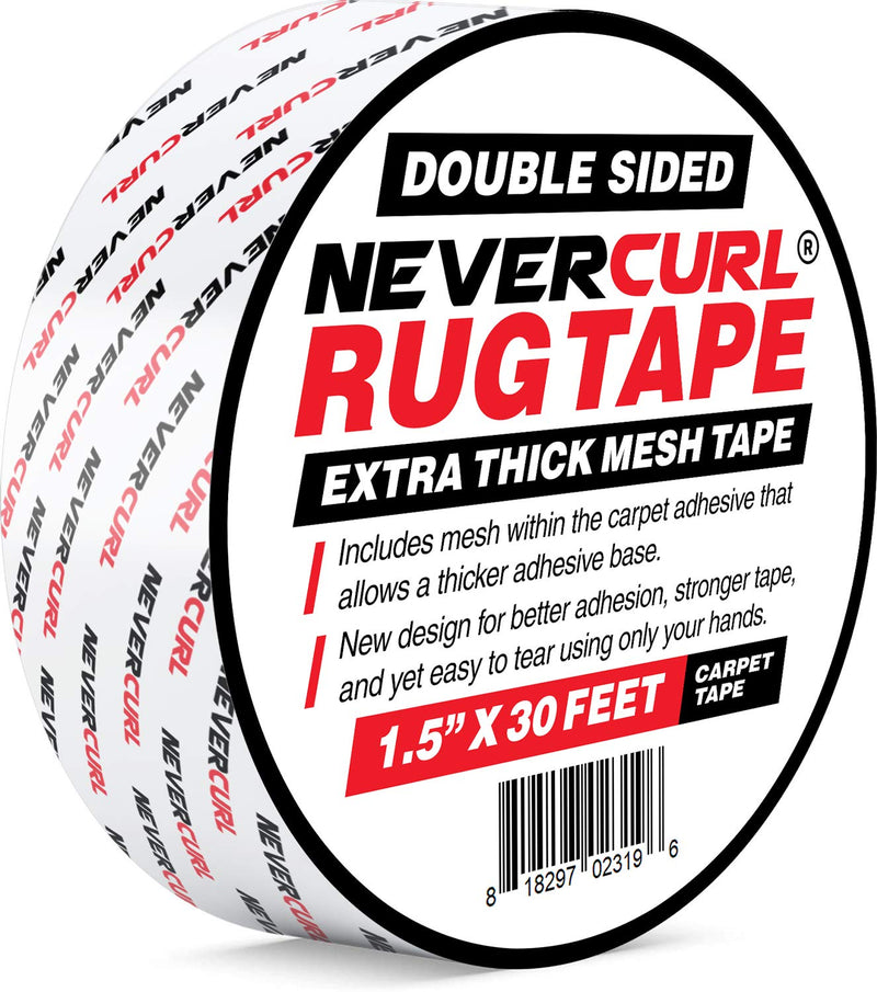 NeverCurl Double Sided Extra Thick Rug Tape with Mesh Fabric - 1.5" by 30 Feet Roll - Anti Slip Non Skid Gripper Tape for Rugs, Mats, Pads, Runners - Indoors Work Any Floor - Hardwood Tiles Laminates - NewNest Australia