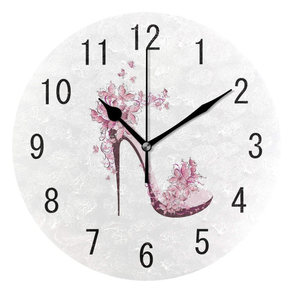 NewNest Australia - ALAZA Home Decor Shoes on High Heel with Butterfly Round Acrylic 9.5 Inch Wall Clock Non Ticking Silent Clock Art for Living Room Kitchen Bedroom Color 1 