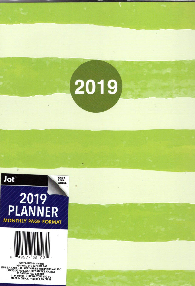 2019 Personal Monthly Planner/Calendar / Organizer - Monthly Page Format - (Green Stripes) - NewNest Australia