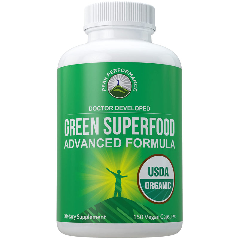 Organic Super Greens 150 Capsules - Green Juice Superfood Supplement with 25 All Natural Organic Ingredients. Max Energy and Detox Super Food Pills with Spirulina, Spinach, Kale, Turmeric, Probiotics - NewNest Australia