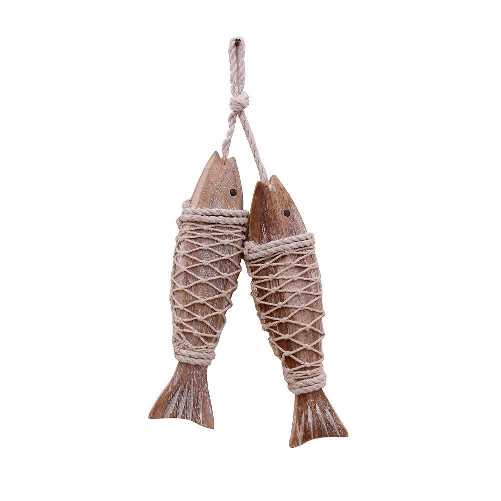 NewNest Australia - Set of 2 Hanging Vintage Wooden Fish Wall Art Decor 8''H Hand Carved Nautical Decorated Mediterranean Style Distressed Look Wood Fishing Home Decoration Nautical Beach Themed Wall Ornament 