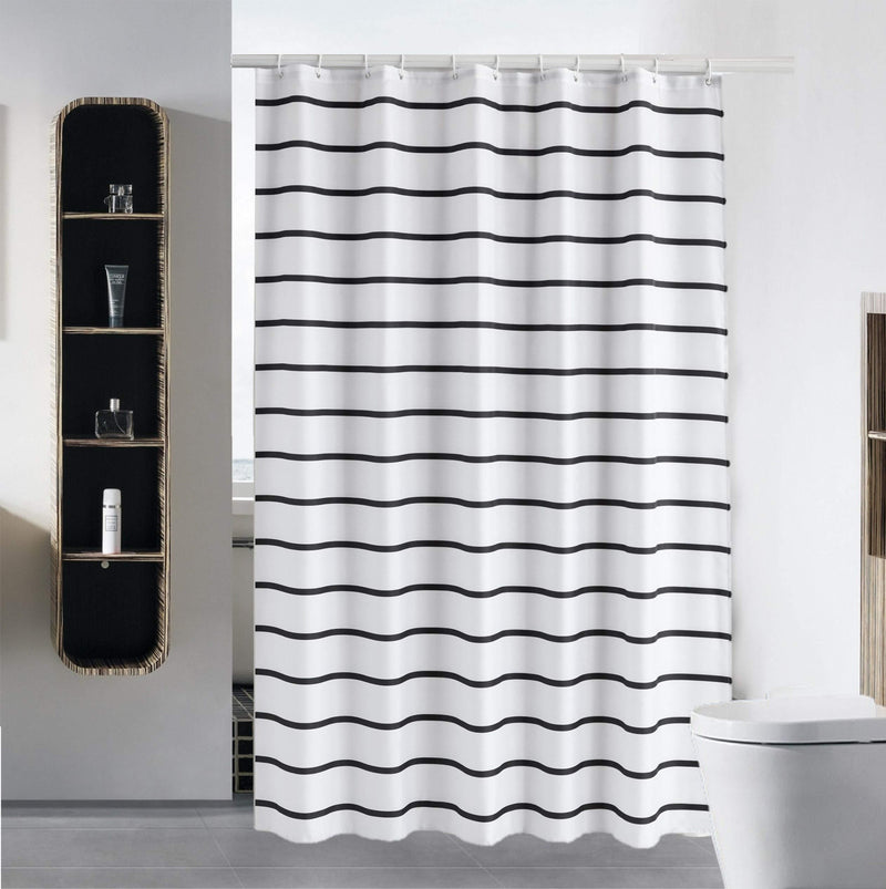 Shower Curtain Liner for Bathroom Water Repellent Fabric Washable Cloth (Hotel Quality, Friendly, Heavy Weight Hem) with White Plastic Hooks - 72" x 72", Standard, Black Stripe 72" x 72" - NewNest Australia