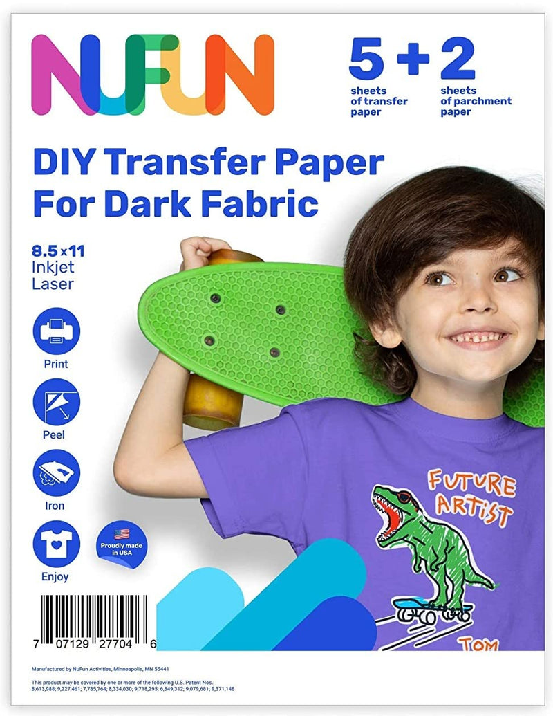 NuFun Activities Inkjet Printable Iron-On Heat Transfer Paper for Dark Fabrics, 8.5x11” to Print for T Shirts and DIY Projects, 5 Sheets - NewNest Australia