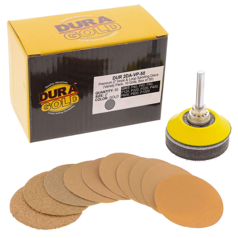 Dura-Gold Premium 2" Gold Hook & Loop Sanding Discs Variety Pack Box - 40, 60, 80, 120, 220, 320, 400, 600, 800, 1000 Grit (5 Sheets Each, 50 Total) & Drill Backing Plate, Automotive, Woodworking - NewNest Australia
