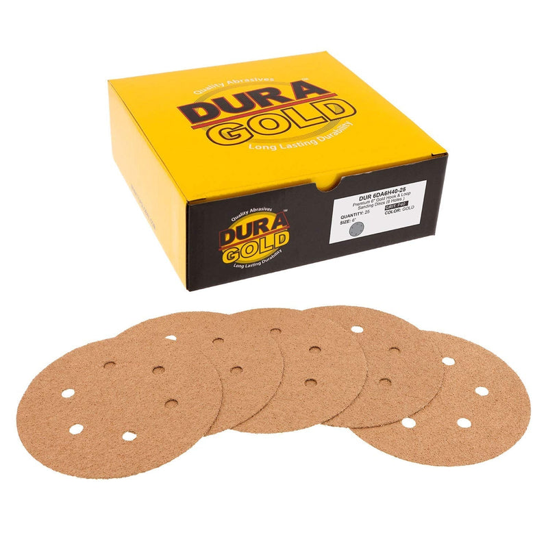 Dura-Gold Premium 40 Grit 6" Gold Sandpaper Discs, 6 Hole Pattern Dustless, Box of 25 - Hook & Loop Backing for DA Sander, Finishing Coarse Sanding Abrasive Automotive Paint, Woodworking Wood, Metal 40-Grit - NewNest Australia