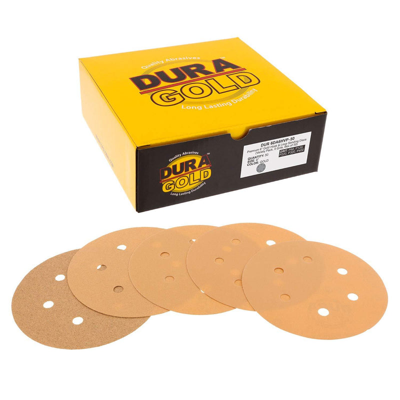 Dura-Gold - Premium - Variety/Assortment Pack (80,120,220,320,400) - 6" Gold Hook & Loop 6-Hole Sanding Discs for DA Sanders - Box of 50 Sandpaper Finishing Discs for Automotive and Woodworking Variety Pack - NewNest Australia