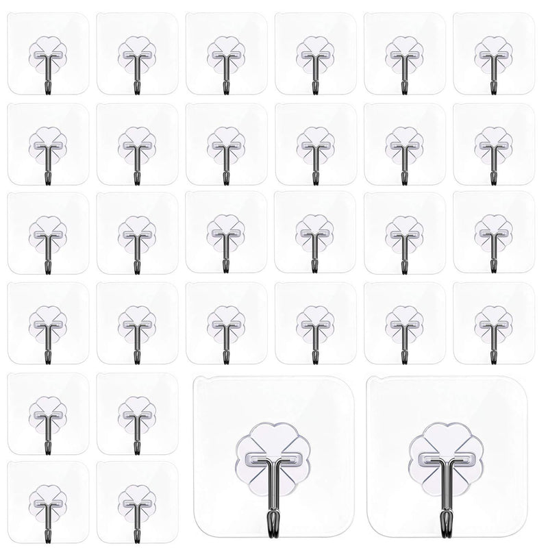 NewNest Australia - Mlici Adhesive Hooks Wall Hooks, 24 Pack Clear Hooks Transparent Reusable Seamless Hooks, Strong Sticky Rotating Wall Hangers, 30lb(Max) Heavy Duty Hanging Hooks for Kitchen Bathroom 