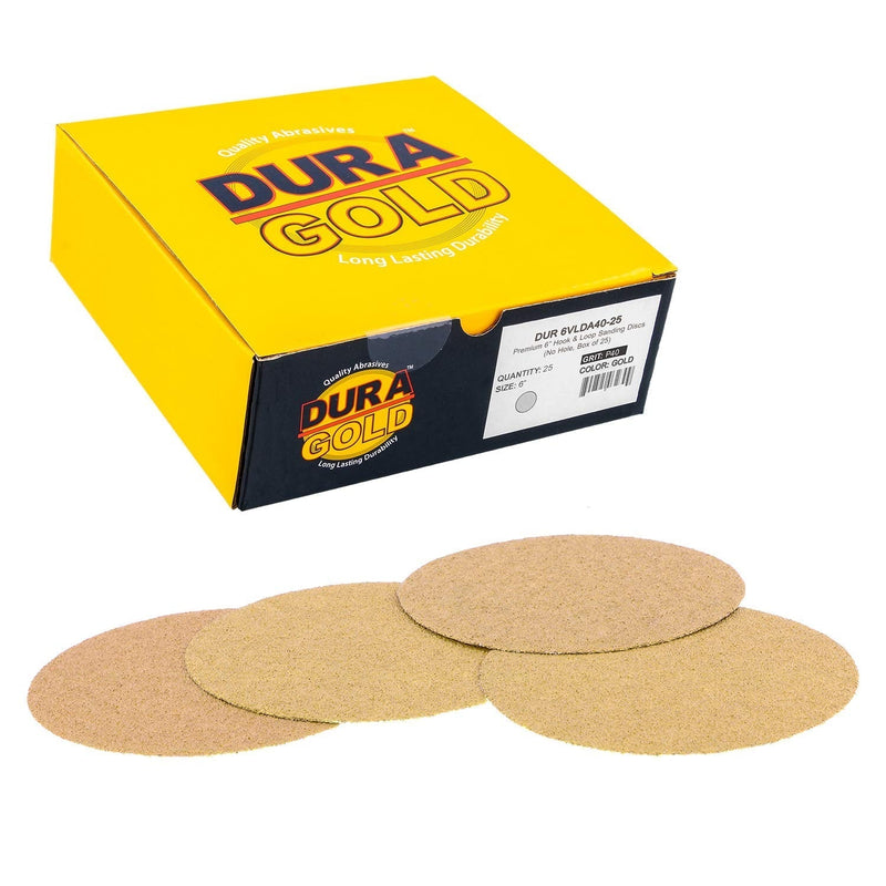 Dura-Gold Premium 6" Gold Sanding Discs - 40 Grit (Box of 25) - Hook & Loop Backing Sandpaper Discs for DA Orbital Sanders, Finishing Coarse-Cut Abrasive - Sand Automotive Car Paint Woodworking Wood 40-Grit - NewNest Australia