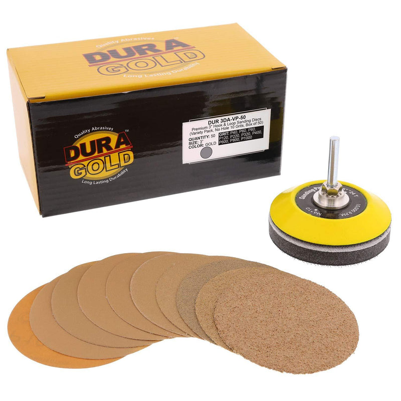 Dura-Gold - Premium - Variety Pack (40,60,80,120,220,320,400,600,800,1000) - 3" Gold Hook & Loop Sanding Discs for DA Sanders - Box of 50 Sandpaper Finishing Discs for Automotive and Woodworking - NewNest Australia