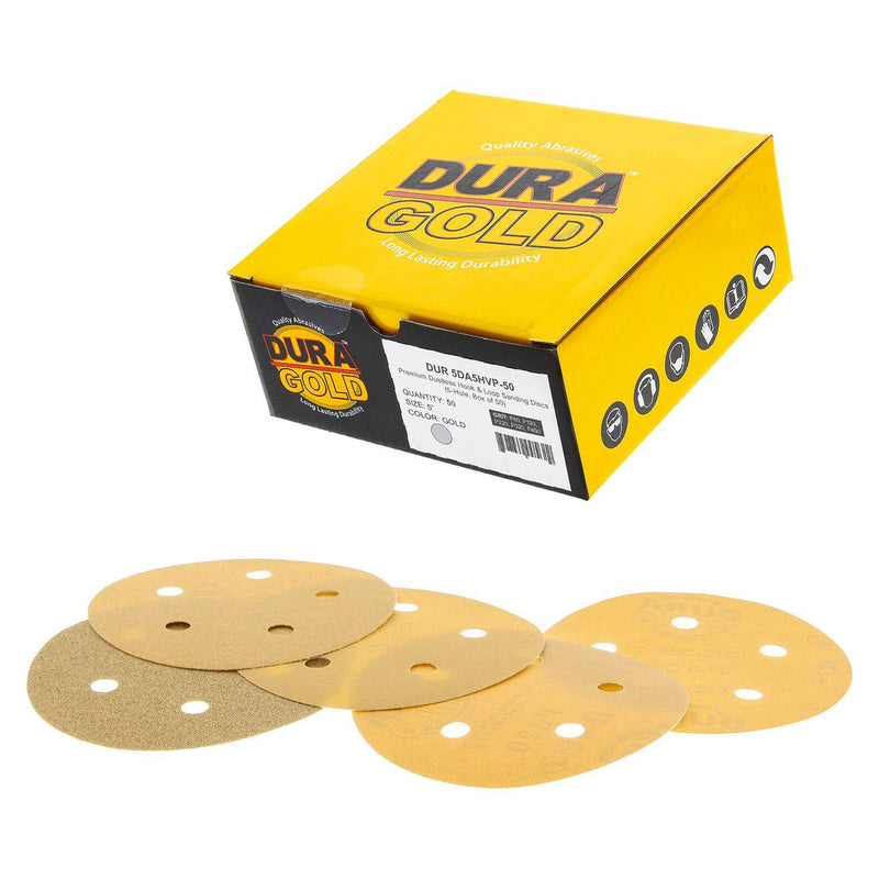 Dura-Gold - Premium - Variety Pack - 5" Gold Sanding Discs - 5-Hole Dustless Hook and Loop for DA Sander - Box of 50 Finishing Sandpaper Discs for Woodworking or Automotive - NewNest Australia