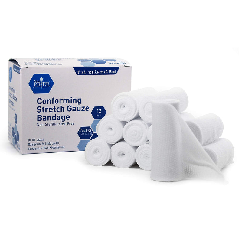 MED PRIDE Conforming Gauze Rolls First Aid Rolled Stretch Bandages for Wounds & Injuries – Disposable Nonsterile Body Wrap Dressing for The Knee, Ankle, Hands, Wrist, White (3''x 4.1 yd) 3" X 4.1yds - NewNest Australia