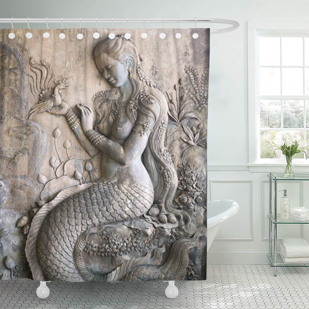 Emvency Waterproof Shower Curtain Curtains Fabric with Hooks Yellow Paintings Mermaid Woman Stucco Aug 66"x72" Decorative Bathroom Odorless Eco Friendly 66"W x 72"L - NewNest Australia