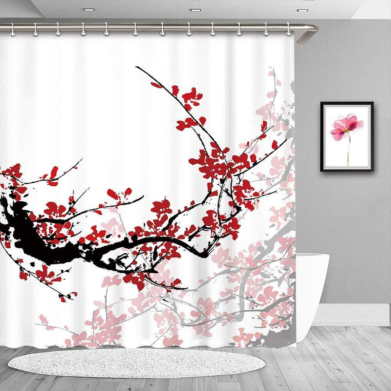 LIVILAN Plum Blossom Shower Curtains Set with 12 Hooks, Floral Fabric Shower Curtain for Bathroom Decor, Machine Washable, 70.8" X 70.8", Orange Red 70.8" X 70.8" - NewNest Australia