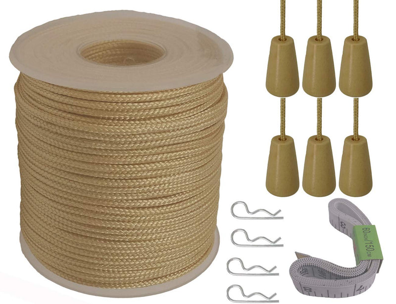 Y-Axis Roll of 60 Yards 2.0mm Light Gold Braided Nylon Lift Shade Cord with 6 Pack White Wood Cord Knobs + Soft Tape - NewNest Australia