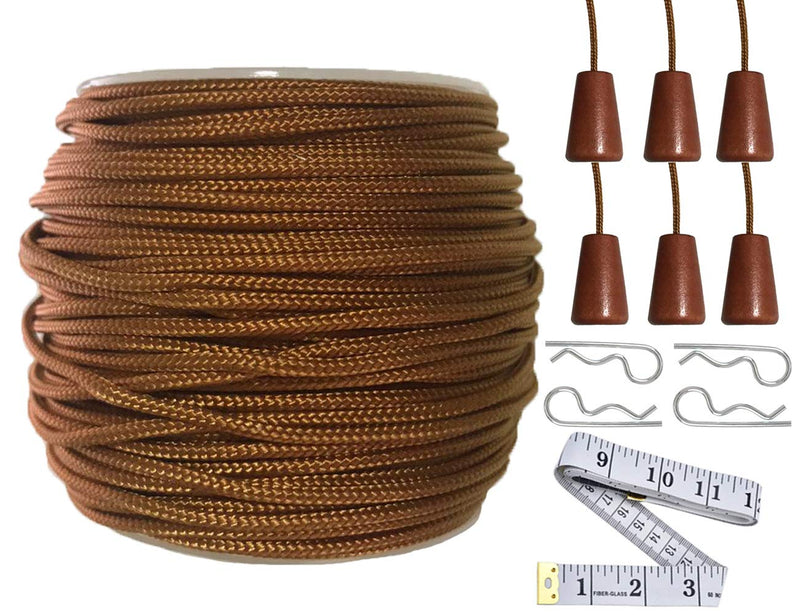 Y-Axis Roll of 60 Yards 2.0mm Light Brown (Bronze) Braided Nylon Lift Shade Cord with 6 Pack Brown Wood Cord Knobs + Soft Tape - NewNest Australia