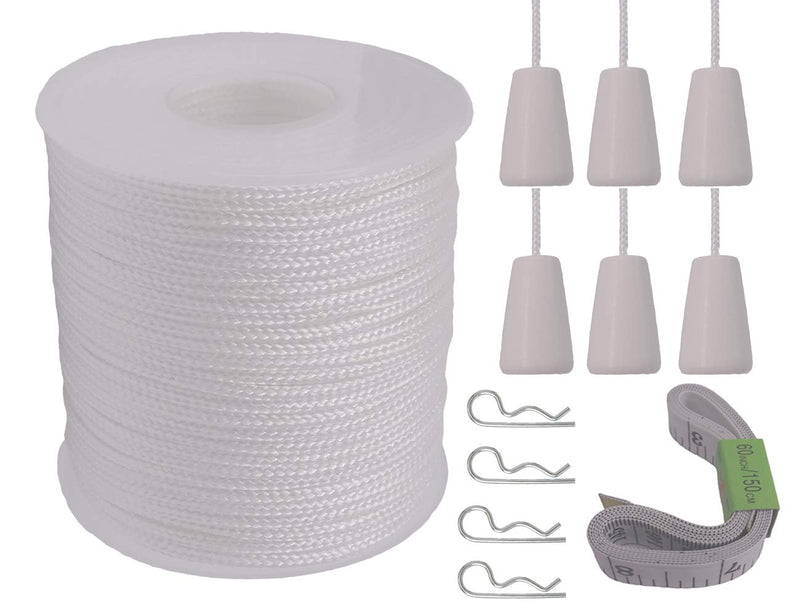 Y-Axis Roll of 60 Yards 2.0mm White Braided Nylon Lift Shade Cord with 6 Pack White Wood Cord Knobs + Soft Tape - NewNest Australia