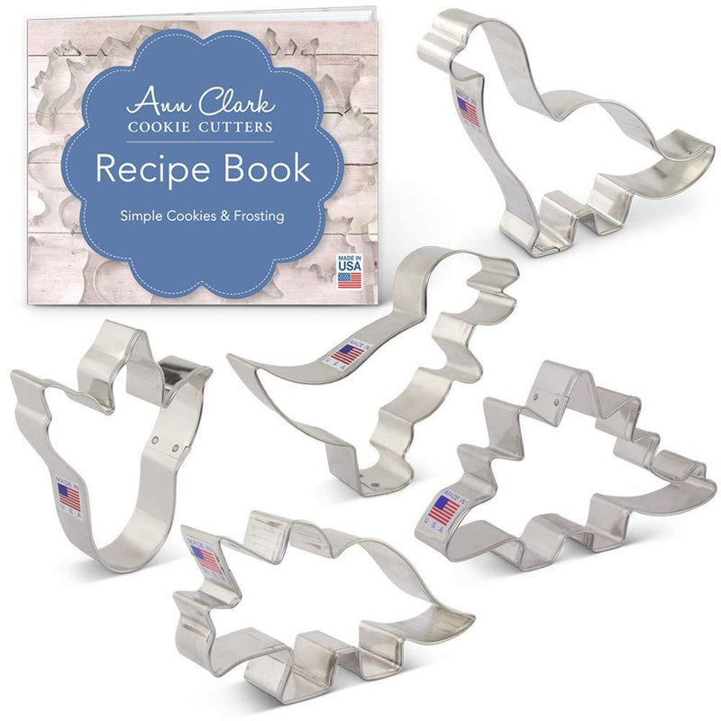 NewNest Australia - Ann Clark Cookie Cutters 5-Piece Dinosaur Cookie Cutter Set with Recipe Booklet, Triceratops, Stegosaurus, T-Rex, Brontosaurus and Dinosaur Footprint 