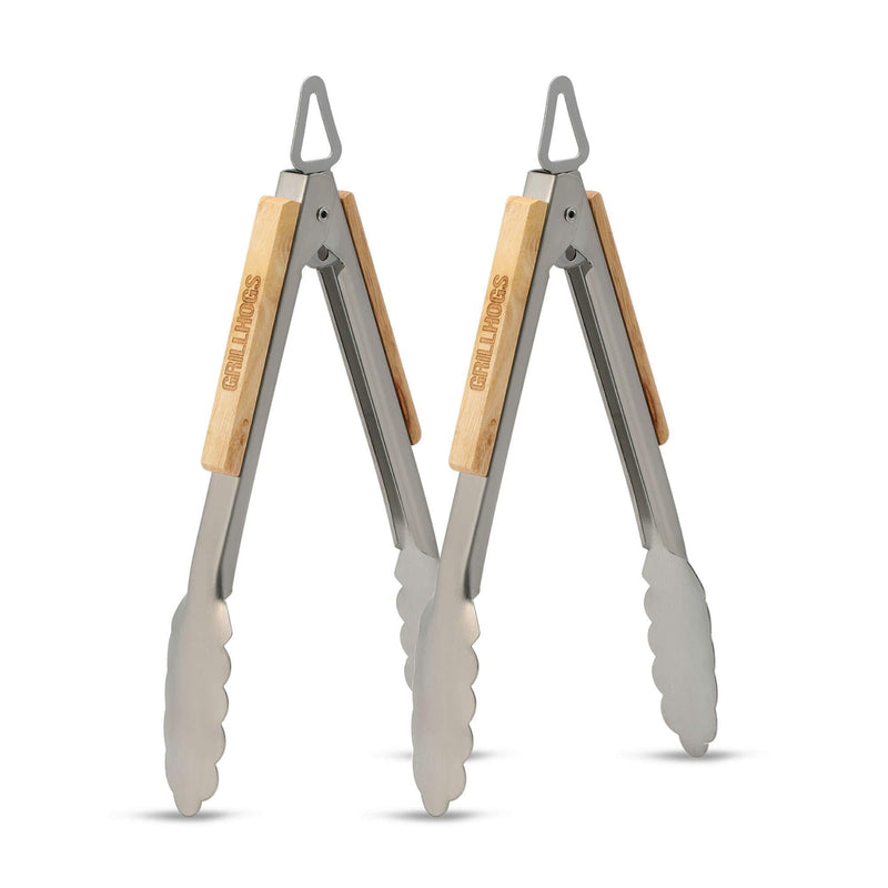 NewNest Australia - Drop Kick Your Old Tongs, GRILLHOGS 9-Inch 2 Pack Barbecue Tongs Are the Only Equipment That Can Handle Your Massive Meat, Stainless Steel + Oak Wood BBQ Tongs 9 inch 2-pack 