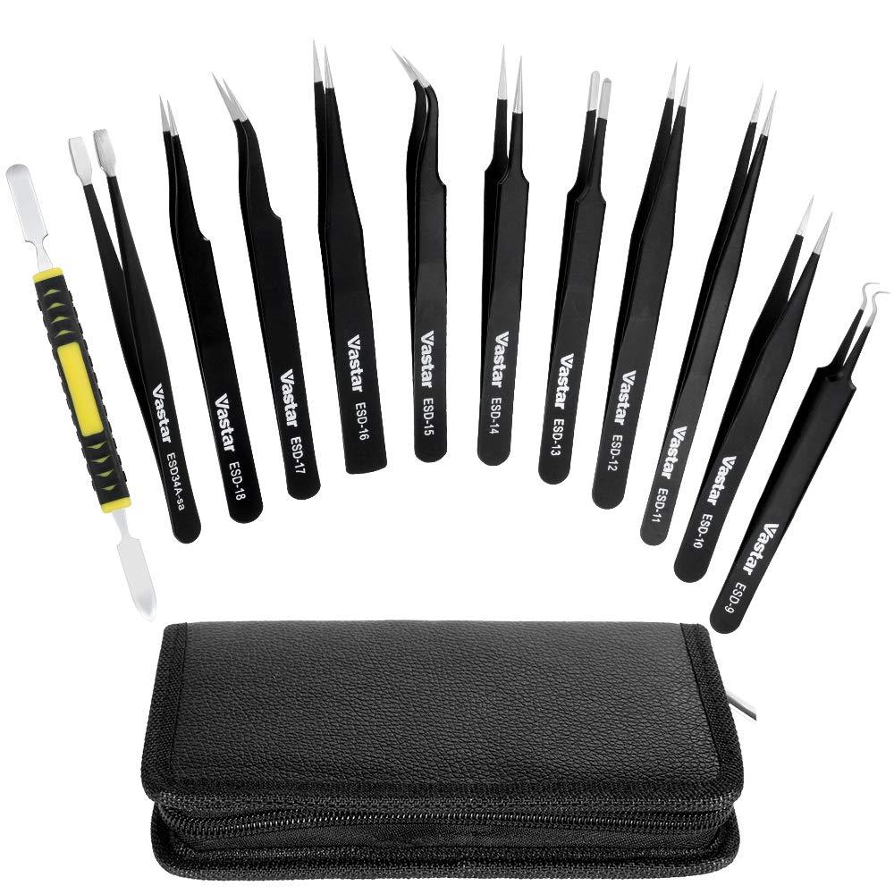 Vastar Tweezers - 12 Pieces Precision Tweezers Set, Anti-static ESD Tweezers Kit with 11 Precision Non-magnetic Stainless Steel Tweezers in Canvas Bag - NewNest Australia