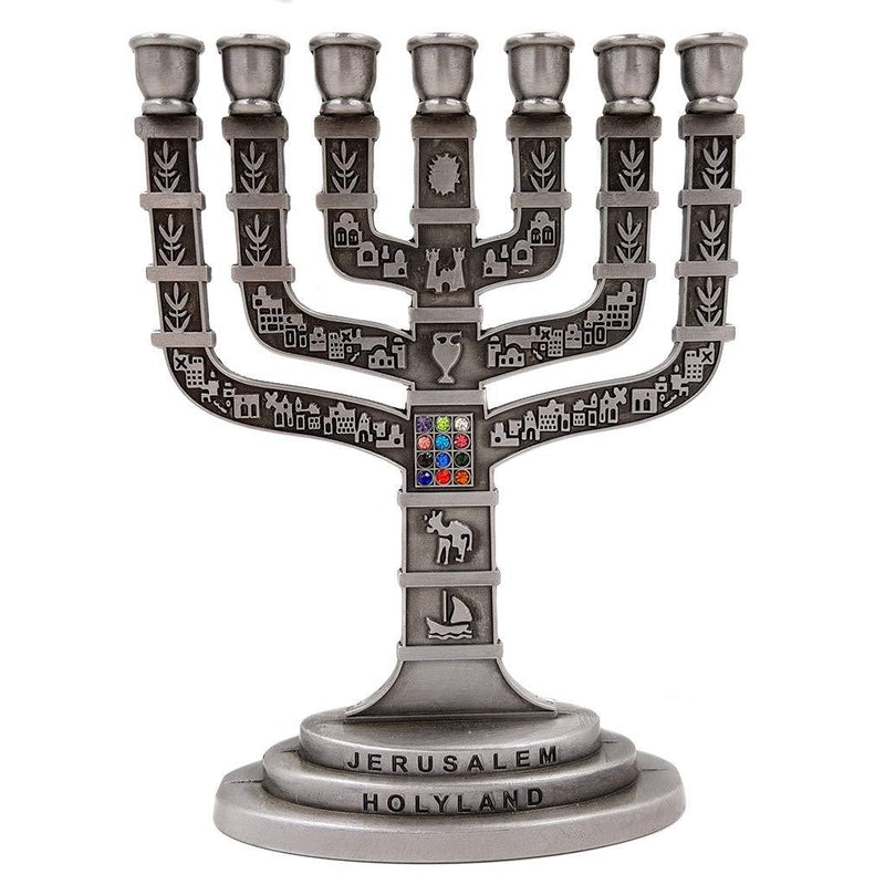 NewNest Australia - TALISMAN4U 12 Tribes of Israel Jerusalem Temple Menorah 7 Branch Pewter Candle Holder Judaica Gift 4.7" Height 