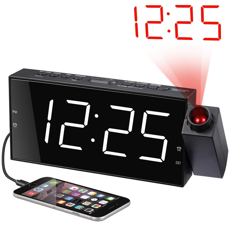 NewNest Australia - Projection Alarm Clock for Bedroom,Projector Ceiling Clock with 7”Large Digtal LED Display&Dimmer,180°Projector,USB Charger,Dual Alarms,12/24H DST,Battery Backup & Plug-in Loud Clock for Heavy Sleeper 