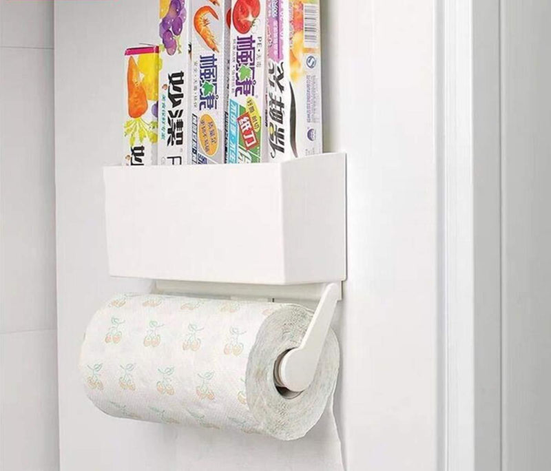 NewNest Australia - Magnetic Paper Towel Holder for Refrigerator with Storage Box, ReachTop Multifunctional Kitchen Rack Organizer Microwave Oven Metal Surface, Paper Roll Holder with Strong 4.4 lbs Capacity, White 