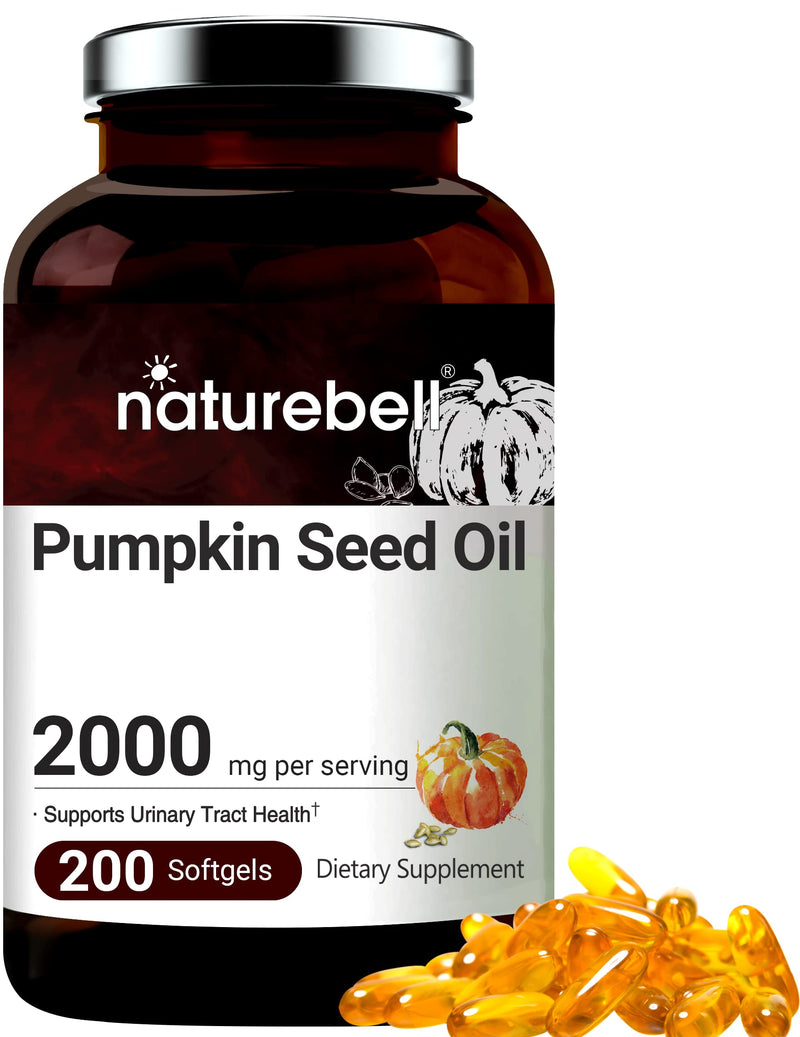 Double Strength Virgin Pumpkin Seed Oil Capsules, 2000mg Per Serving, 200 Soft-gels, Cold Pressed, Rich in Omega 3 6 Essential Fatty Acids, Prostate & Bladder Supplements for Men and Women, No GMOs 200 Count (Pack of 1) - NewNest Australia
