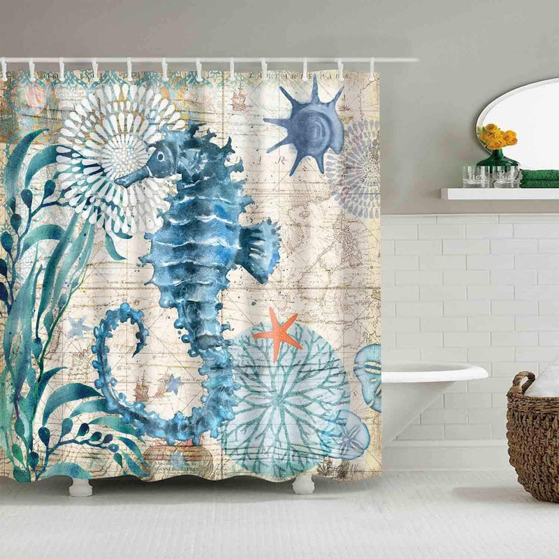 Sea Horse Ocean Shower Curtains No Liner Mediterranean Style Marine Life, Bath Fantastic Decorations Waterproof Polyester Fabric Bathroom Shower Curtain with Hooks 72" x 72" (Sea Horse) - NewNest Australia