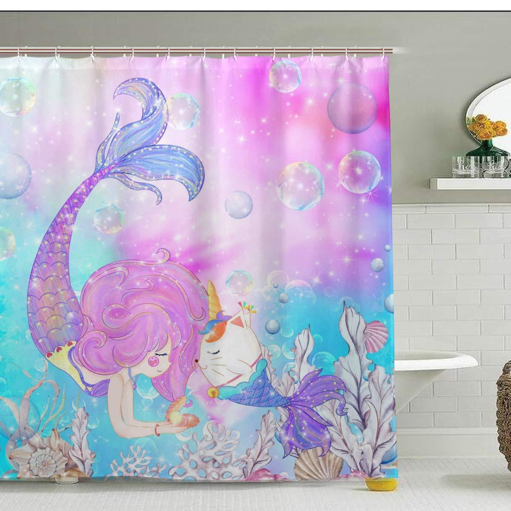 ZOEO Girls Mermaid Shower Curtain Unicorn Cat Fish Fabric Waterproof Large Window Bathroom Tub Curtains Sets Mermaid Home Decor 12 Hooks 72x72 inch - NewNest Australia