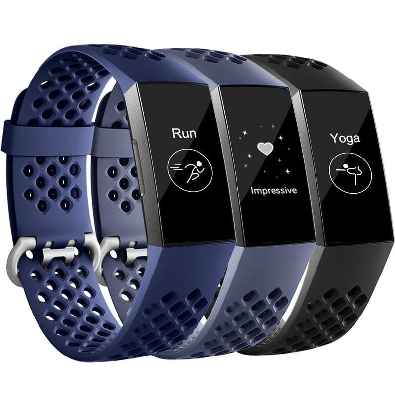 Maledan Bands Compatible with Fitbit Charge 3 and Charge 4, Breathable Sport Band Replacement Wristbands with Air Holes for Charge 4/ Charge 3/ Charge 3 SE Fitness Tracker Women Men, 3-Pack Large Black/Navy Blue/Blue Gray - NewNest Australia