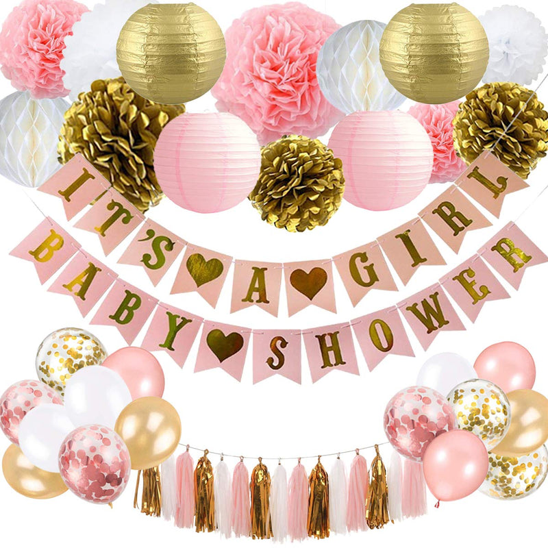 Baby Shower Decorations for Girl - Pink and Gold Baby Shower Decoration It’s A girl & Baby Shower Banner with Paper Lantern Pompoms Flowers Honeycomb Ball Balloons Foil Tassel - NewNest Australia