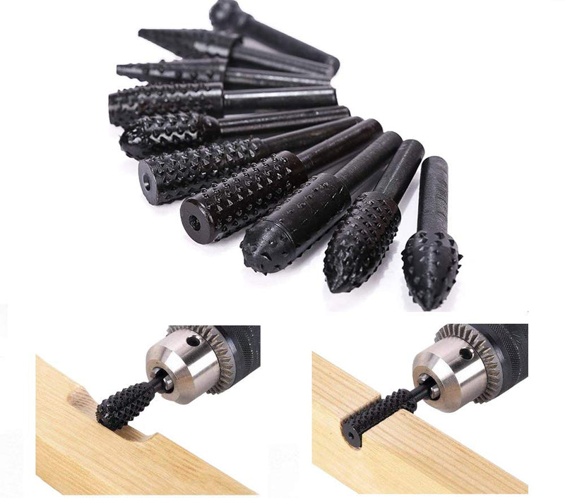 ASNOMY 10PCS Woodworking Twist Drill Bits, Wood Carving File Rasp Drill Bits 6.3mm(1/4") Shank Electrical Tools Woodworking Rasp Chisel Shaped Rotating Embossed Grinding Head Rasp Drill Bits for Wood - NewNest Australia