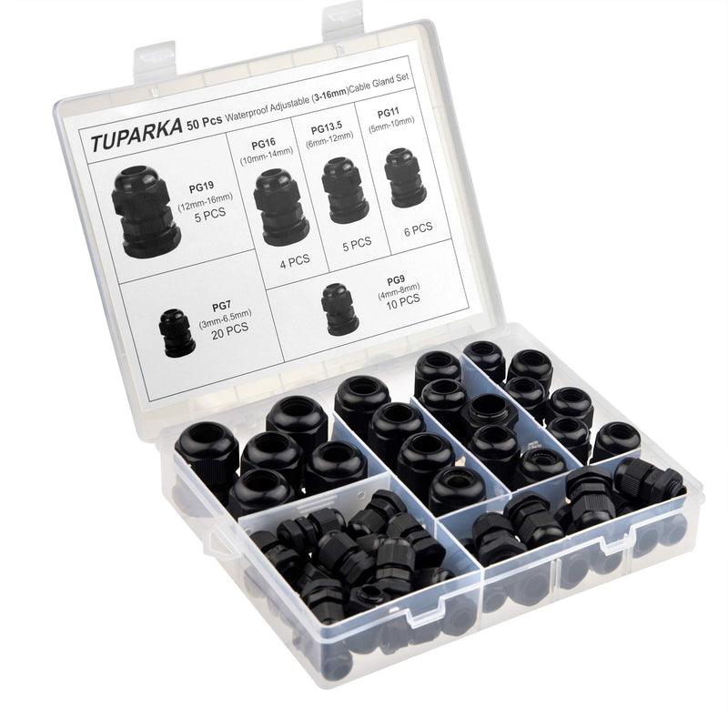 TUPARKA 50 Pack Cable Gland Waterproof Adjustable 3-16mm Cable Connectors PG7 PG9 PG11 PG13.5 PG16 PG19 Plastic Cable Gland Joints with Gaskets in PP Box Style 1 - NewNest Australia
