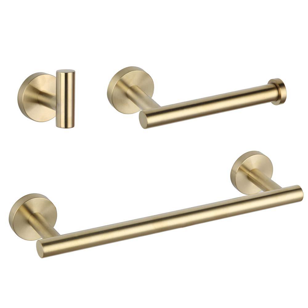 Bathroom Brushed Gold 3-Piece Accessories Set SUS304 Stainless Steel Bath Shower (Robe Hook, Toilet Paper Holder, 12" Hand Towel Bar) Contemporary Style Brushed Pvd Zirconium Gold - NewNest Australia