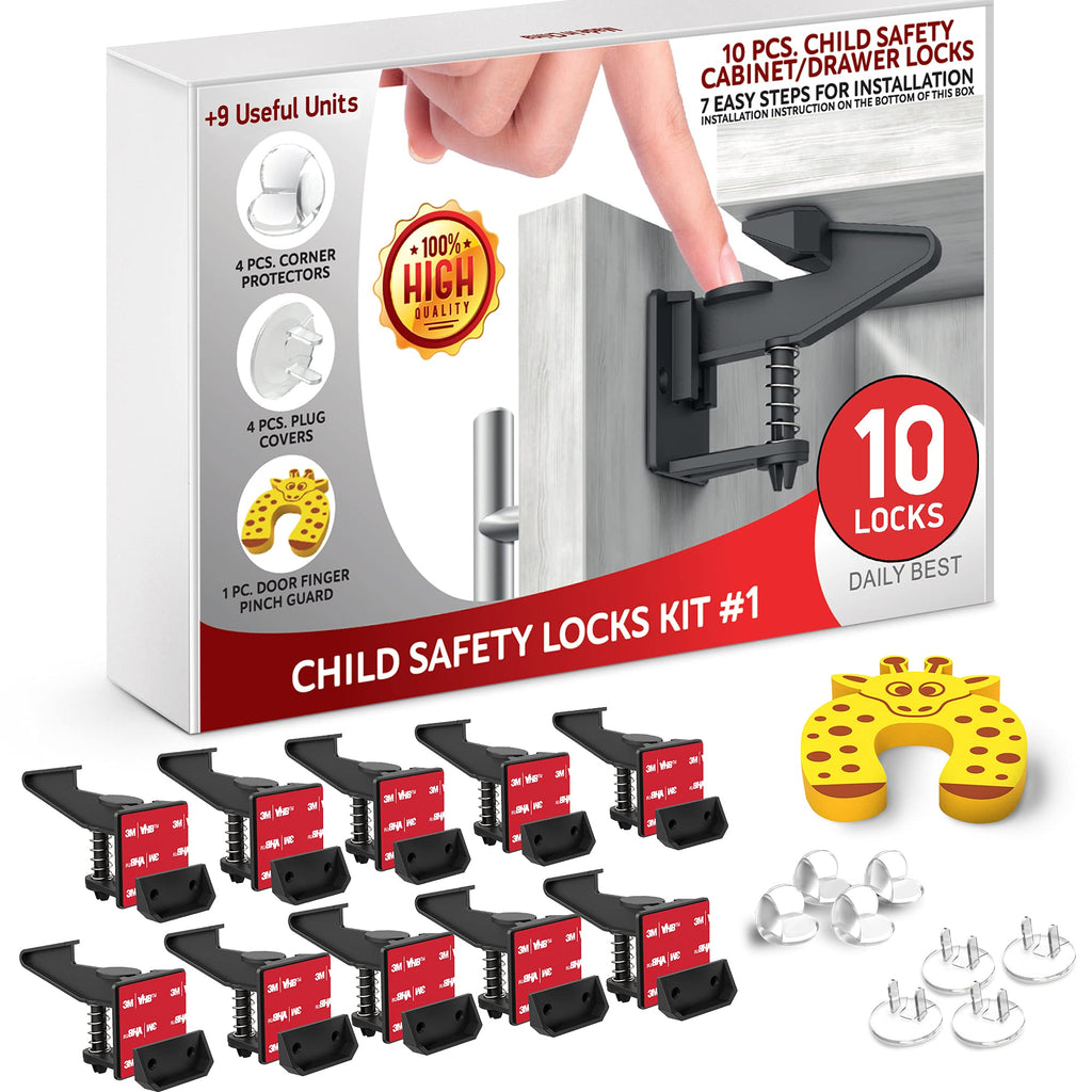 Upgraded Cabinet Locks Child Safety Latches 10 Pack - Invisible Adhesive Baby Proofing Drawer Locks - Works with Most Cabinets and Drawers - No Drilling Installation - (Black) Black - NewNest Australia