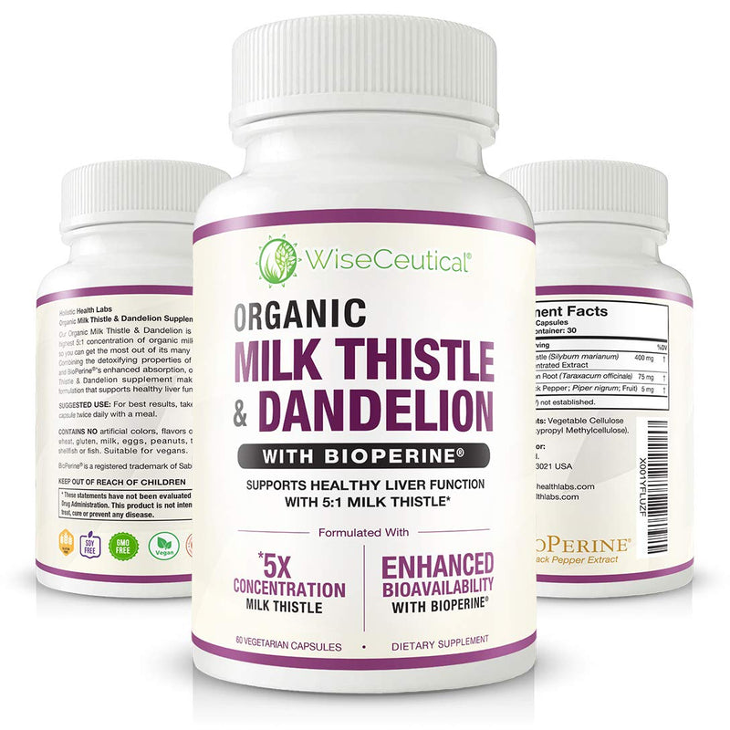 Max Absorption Organic Milk Thistle (Strongest 5:1 Concentrated Extract) & Organic Dandelion Root with BioPerine | Healthy Liver Support Detox Cleanse. 60 Veggie Capsules. - NewNest Australia