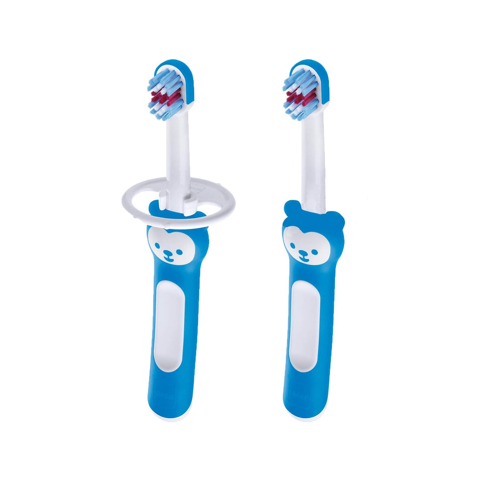 MAM Baby Toothbrushes (2 Baby's Brushes and 1 Safety Shield), Toothbrushes with Brushy the Bear Character, Interactive App, For Boys 6+ Months, Blue - NewNest Australia