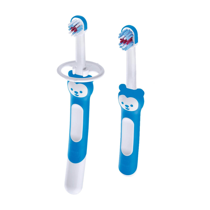 MAM Learn to Brush Set (1 Baby's Brush Toothbrush, 1 Training Brush, 1 Safety Shield), Baby Toothbrushes with Brushy The Bear, Interactive App, for Boys 5+ Months, Blue - NewNest Australia