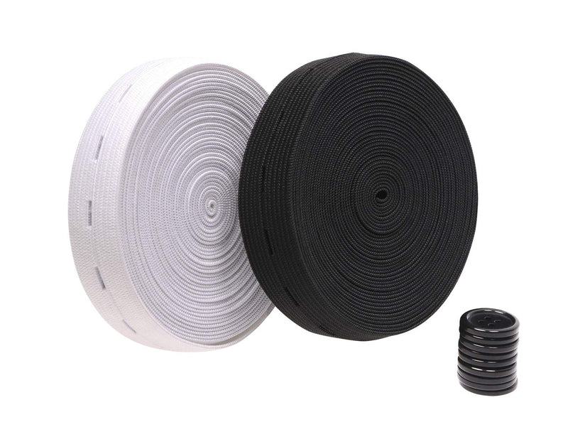 2 Colors Elastic Sewing Bands 11 Yards 3/4 Inch Flatback Black and White Sewing Bands Spool with Buttonhole, Knit Stretch Cord Belt with 10Pcs 18mm Black Resin Button (3/4") - NewNest Australia