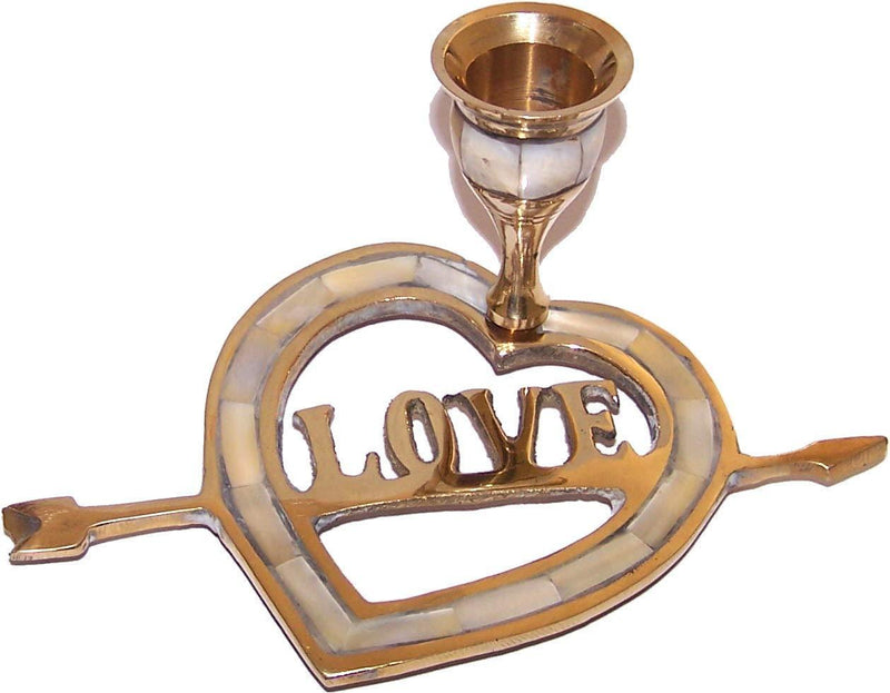 NewNest Australia - Holy Land Market Brass Inlaid with Mother of Pearls with Love Candle Holders or Sticks (15 cm or 6 inches Wide) 