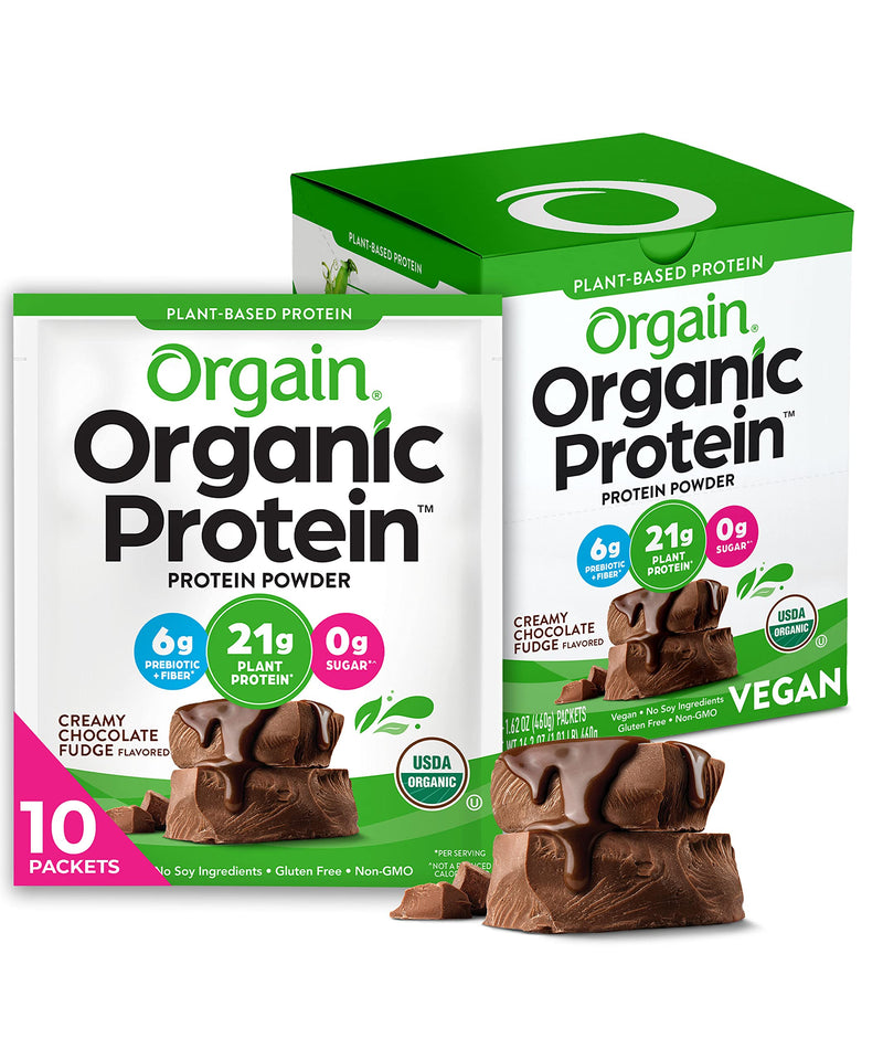 Orgain Organic Plant Based Protein Powder Travel Pack, Creamy Chocolate Fudge - 21g of Protein, 6g of Fiber, No Dairy, Gluten, Soy or Added Sugar, Non-GMO, 10 Count 10 Count Travel Pack Chocolate - NewNest Australia