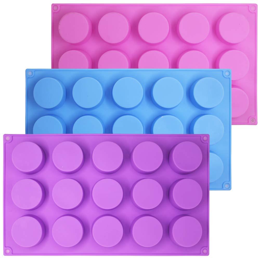 NewNest Australia - SENHAI 3 Pcs 15 Holes Cylinder Silicone Molds for Making Chocolate Candy Soap Muffin Cupcake Brownie Cake Pudding Baking Cookie - Purple Blue Pink 