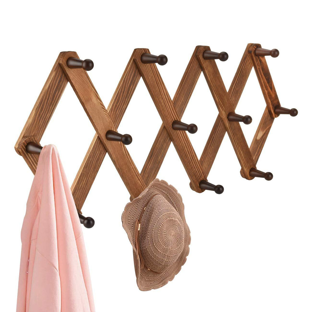NewNest Australia - Homode Vintage Wood Expandable Peg Rack- Multi-Purpose Accordion Wall Hangers with 13 Hooks for Hats, Coat, Mugs, Scarf, Jewelry Storage Vintage Brown 