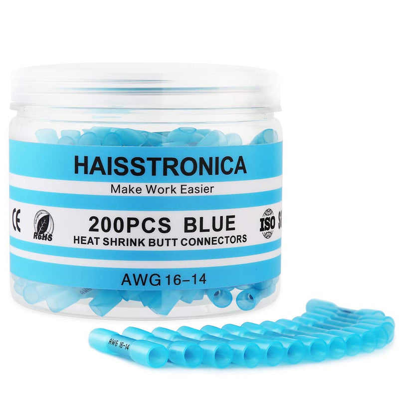 haisstronica 200PCS 16-14 Awg Blue Heat Shrink Butt Connectors-Tinned Red Copper 0.8mm-Marine Grade Insulated Crimp Wire Connectors-Waterproof Electrical Connectors-Butt Splice for Marine,Boat,Stereo - NewNest Australia