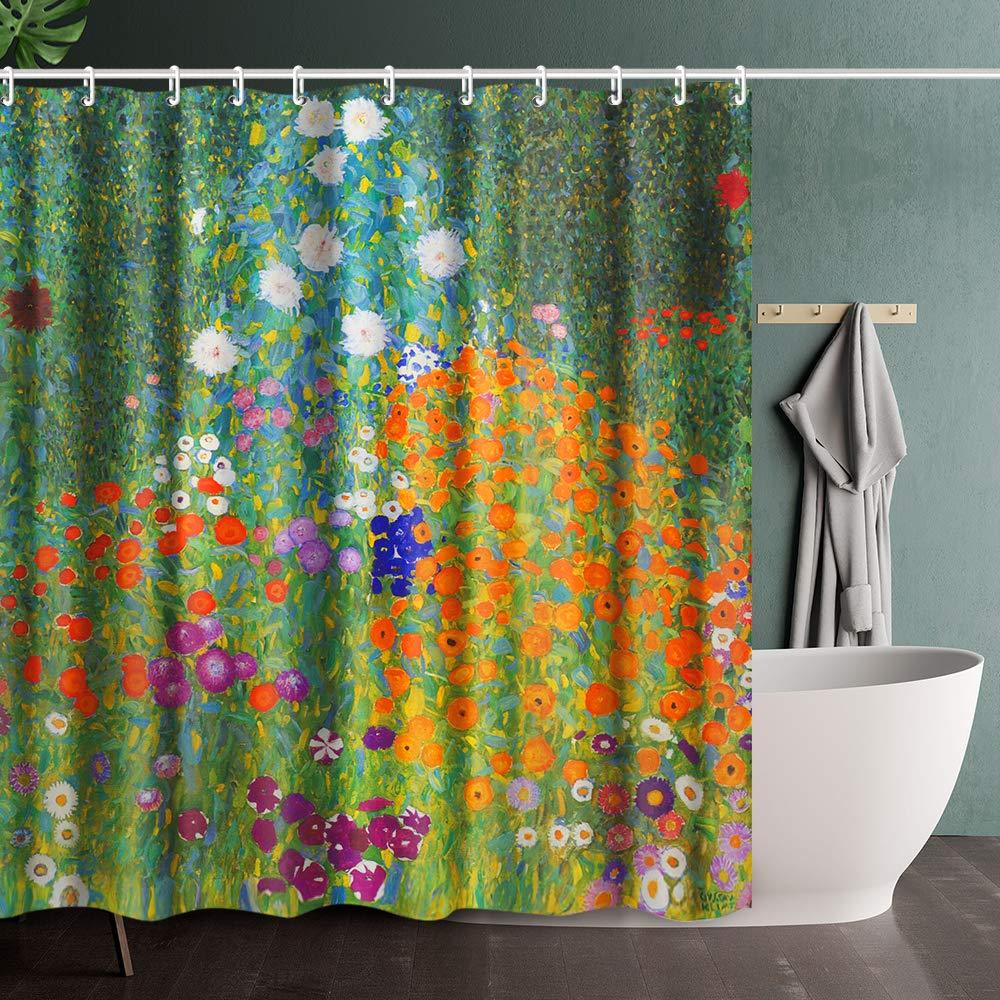 INVIN ART Bathroom Shower Curtain Set with Hooks,Flower Garden by Gustav Klimt,Home Art Paintings Pictures for Bathroom Flower Garden 72"x72" - NewNest Australia