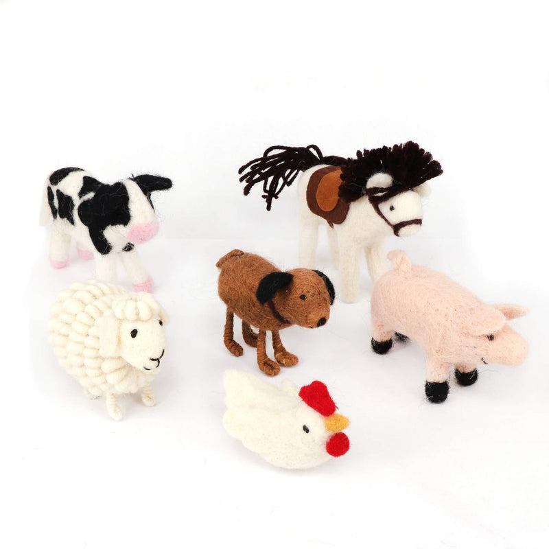 NewNest Australia - B & D needle felt Animal, Needle Wool Domestic Fowl Ornament,White Rooster, Horse, Sheep, Pink Pig, Cow, and Dog, set of 6 pieces 