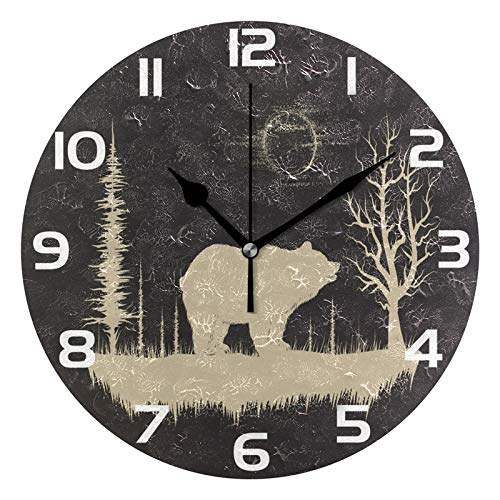 NewNest Australia - ALAZA Grunge Bear in Forest Round Acrylic Wall Clock, Silent Non Ticking Oil Painting Home Office School Decorative Clock Art 