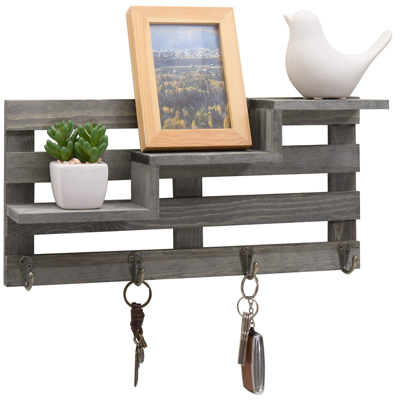 NewNest Australia - MyGift Vintage Gray Wood Wall-Mounted 3-Tiered Stair Display Shelf with 4 Key Hooks 