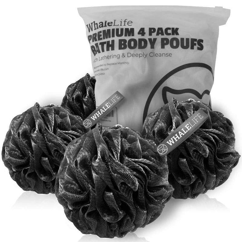 Shower Puff 4 Pack Black Bath Sponge Shower Loofahs Pouf Ball Nature Bamboo Charcoal Mesh Bulk Puffs Large, Shower Essential Skin Care by WhaleLife - NewNest Australia
