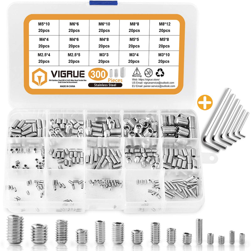 VIGRUE 300Pcs M2.5/M3/M4/M5/M6/M8 Hex Allen Head Socket Set Screw Bolts Assortment Kit Grub Screw with Internal Hex Drive, 304 Stainless Steel (Metric) - NewNest Australia